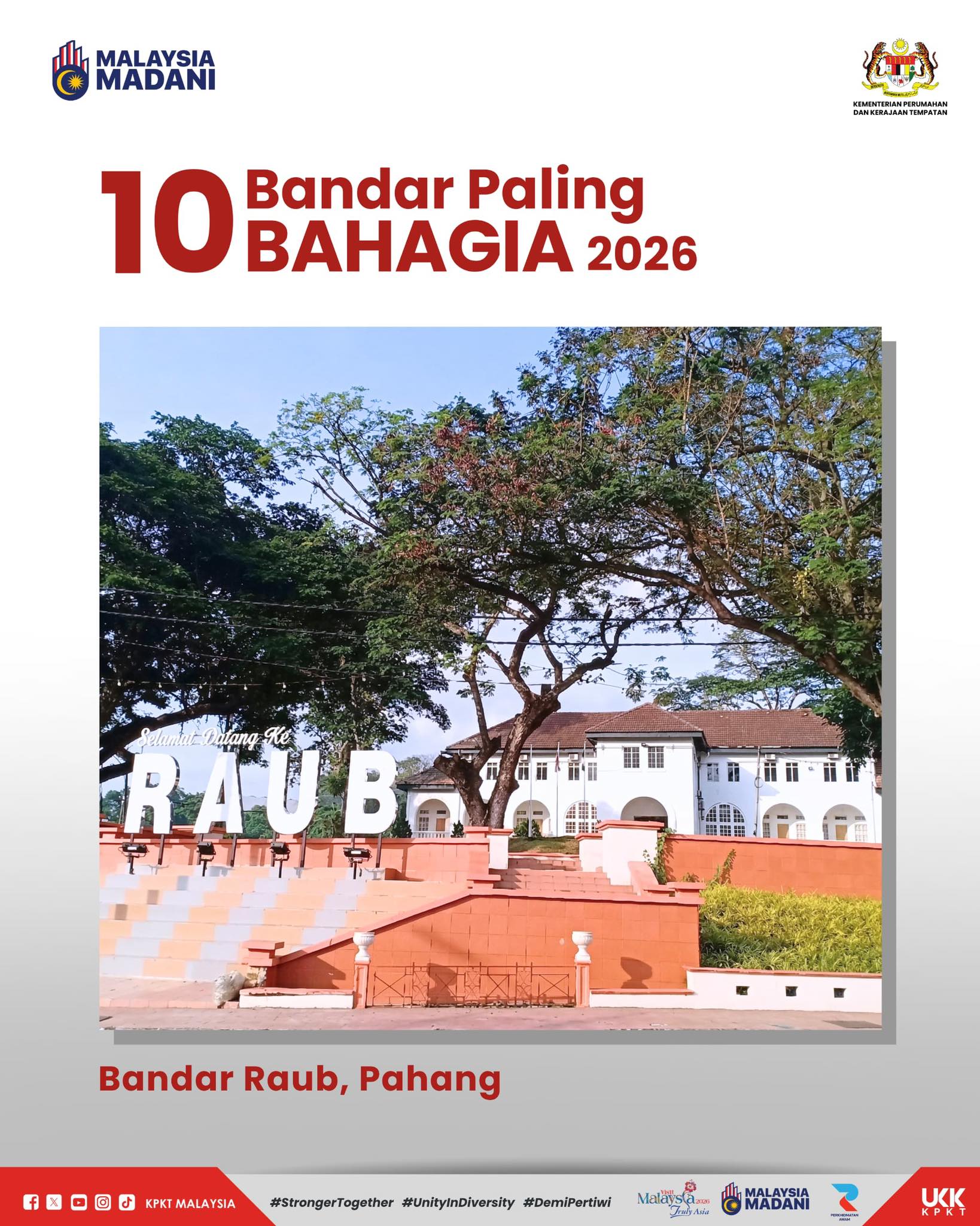 Lipis, Raub dinobat antara 10 bandar terima Anugerah Bandar Paling Bahagia Tahun 2026